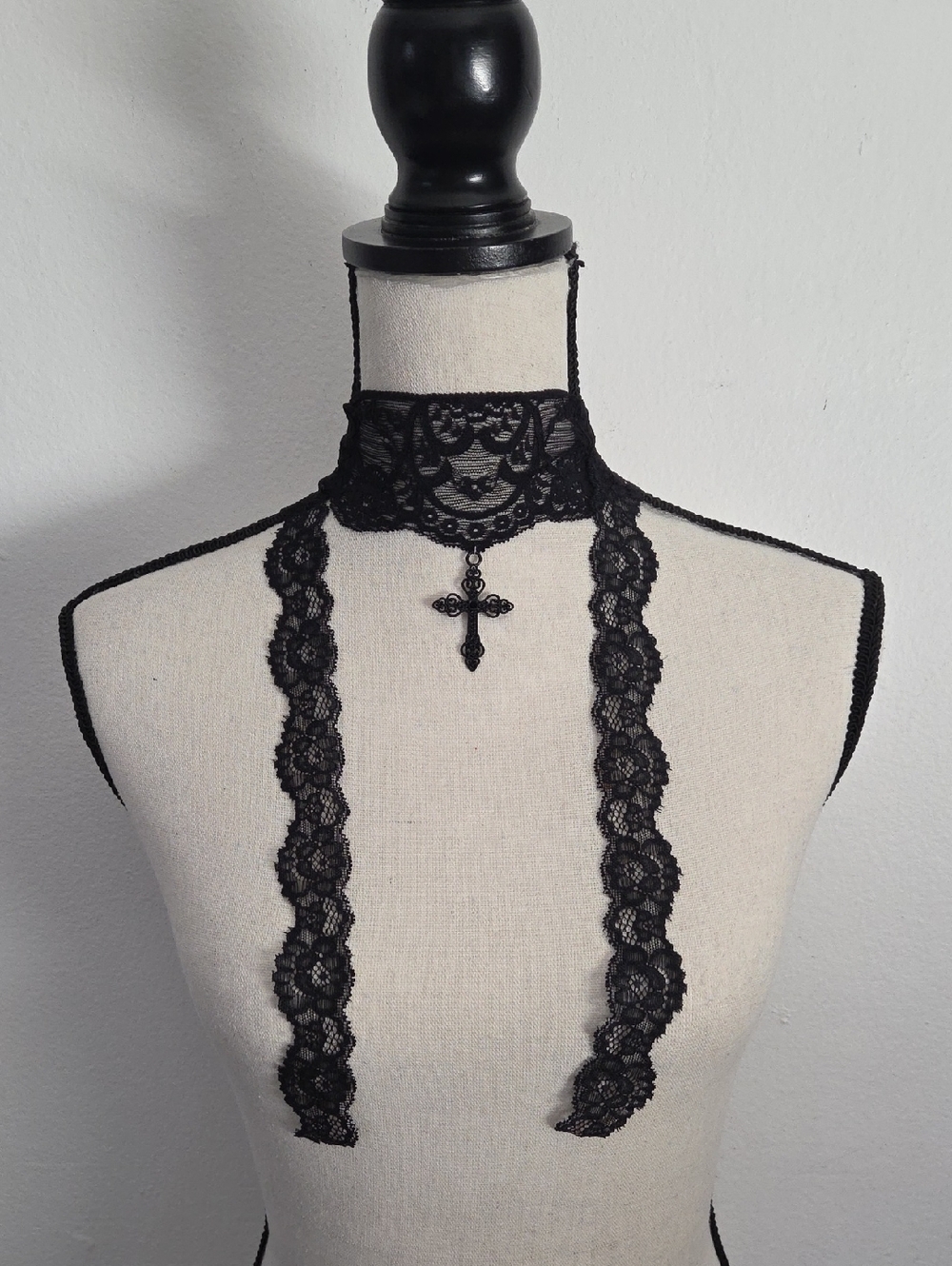 Black Lace Choker Necklace with Cross Pendant